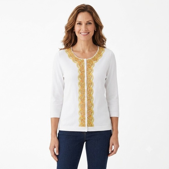 Coldwater Creek Sweaters - Coldwater Creek Tres Jolie Cardigan White Embroidered Scallop Large 14